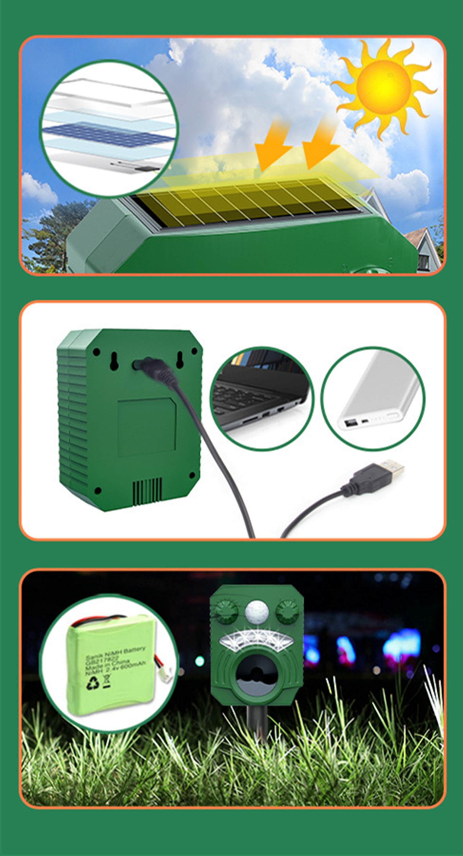 ソーラー搭載、太陽光で稼働するので電池や充電が不要