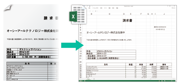 Excelへの変換では、表組をセルに反映