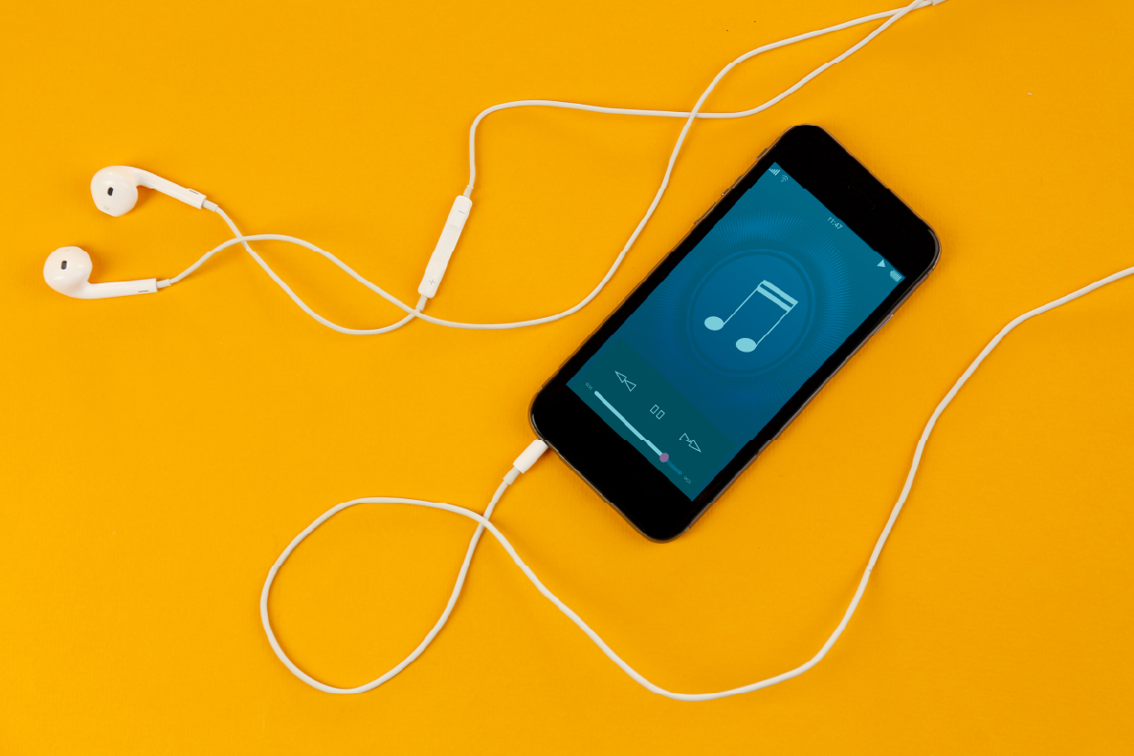 スマートフォンをイヤフォンで繋いでいる画像
