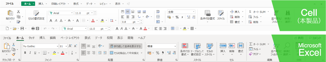 表計算ソフト「Cell」とMicrosoft Excelのホームタブ比較