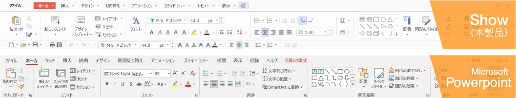 プレゼンテーションソフト「Show」とMicrosoft PowerPointのホームタブ比較