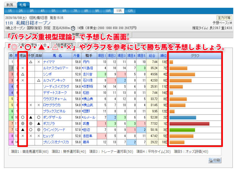 「バランス重視型理論」で予想した時の画面イメージ