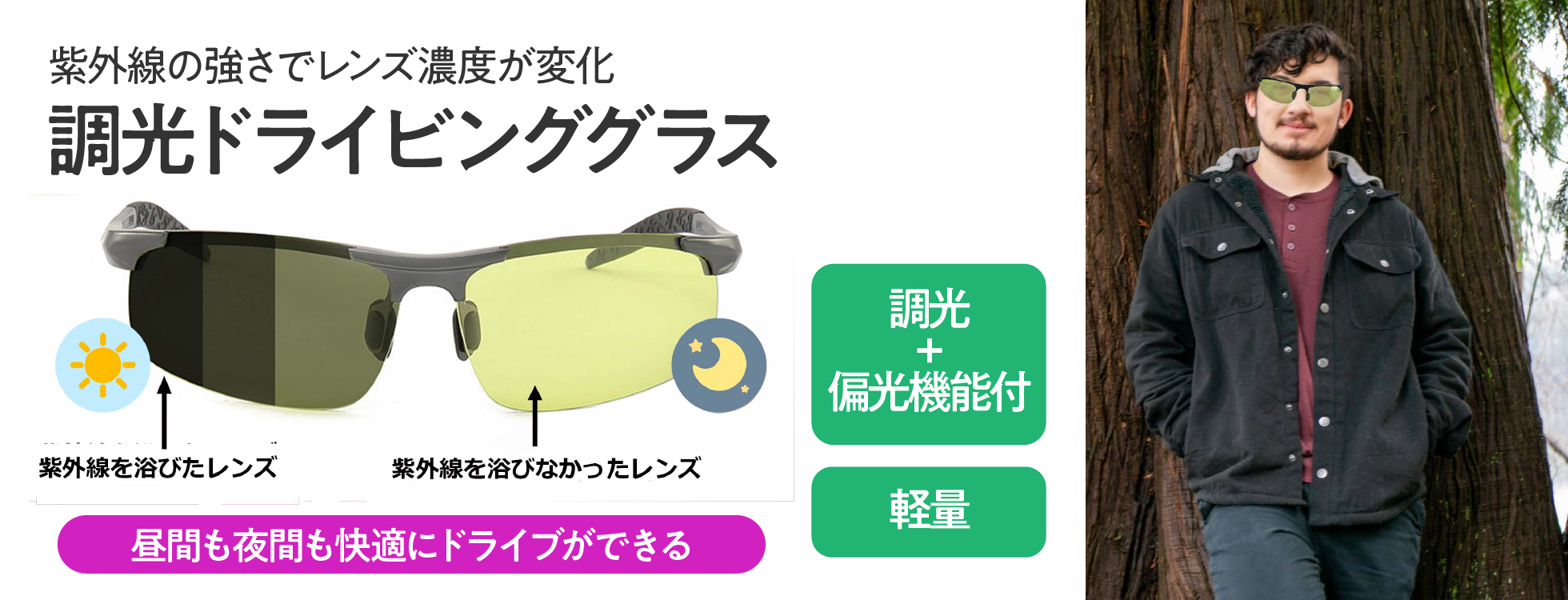 調光偏光機能付き イエローレンズのドライビンググラス