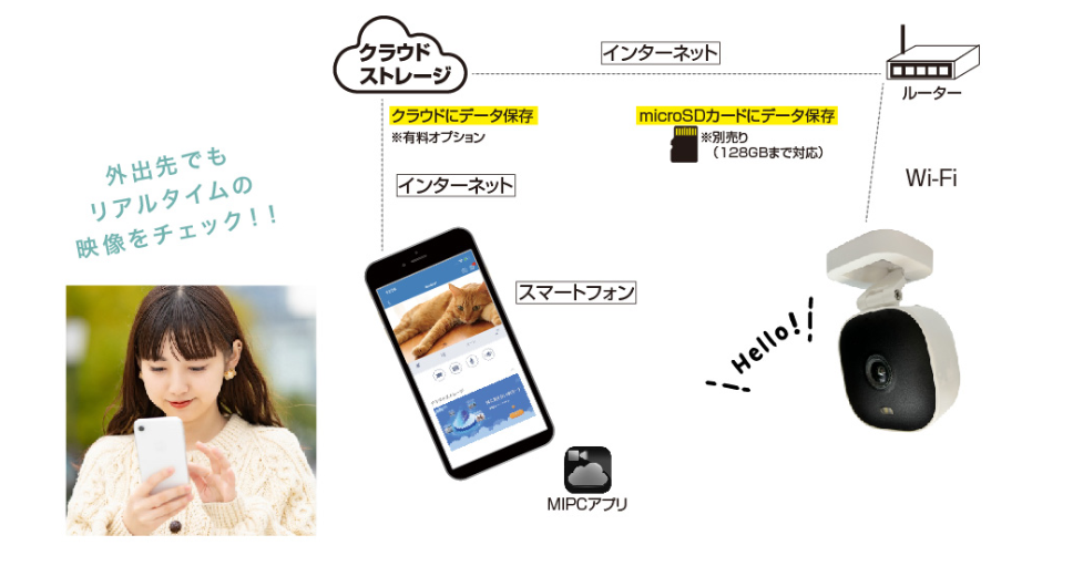 外出先からリアルタイムで映像をチェックできる