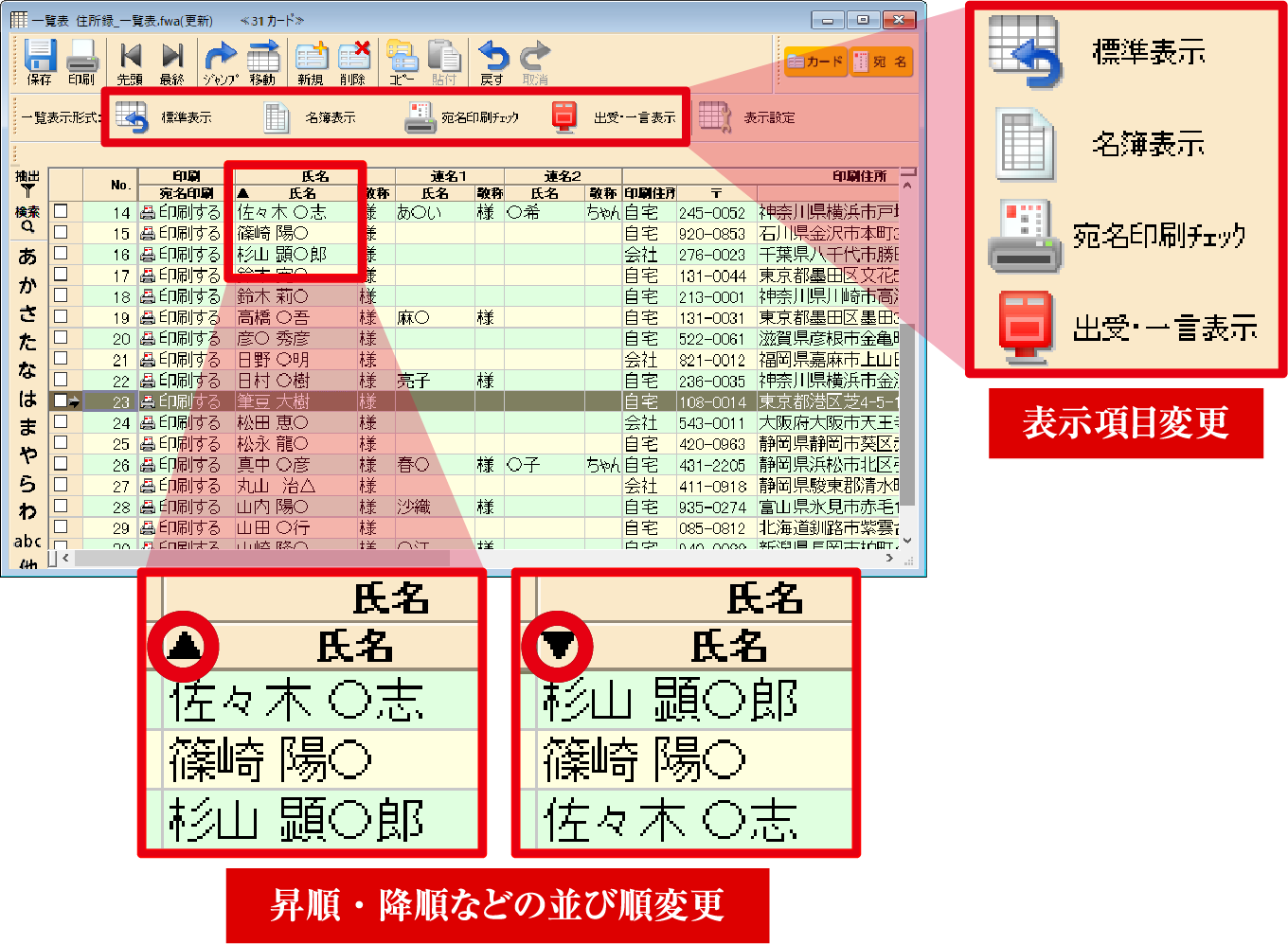 ワンクリックで表示項目や並び順を変更