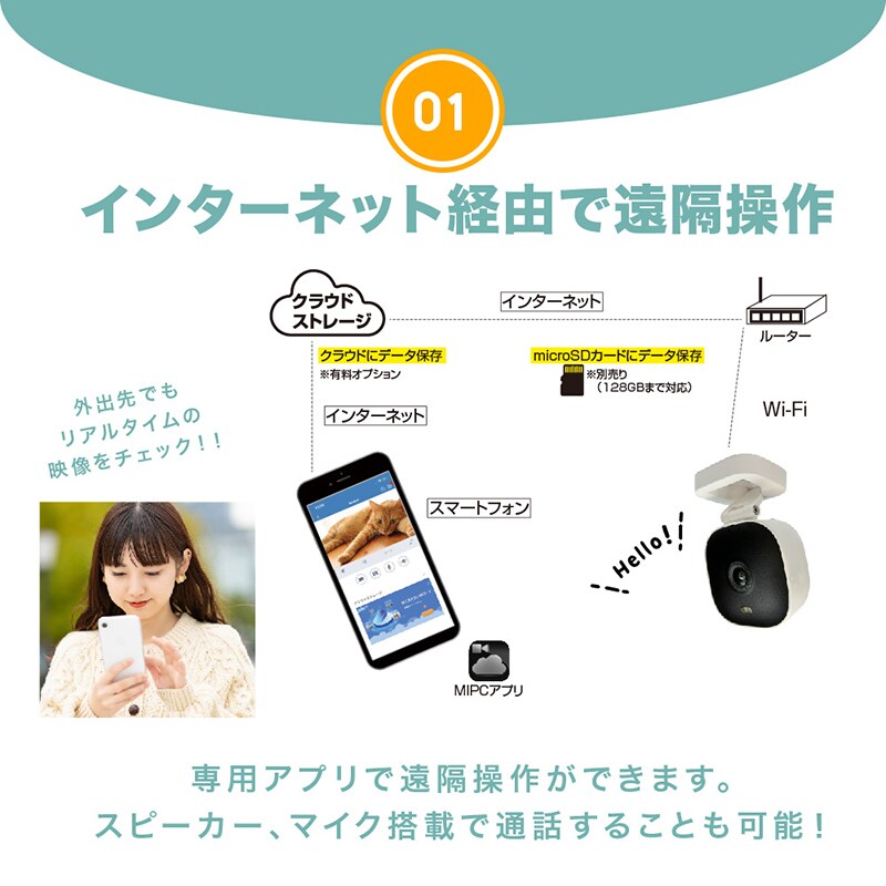 外出先からリアルタイム映像をチェックできる