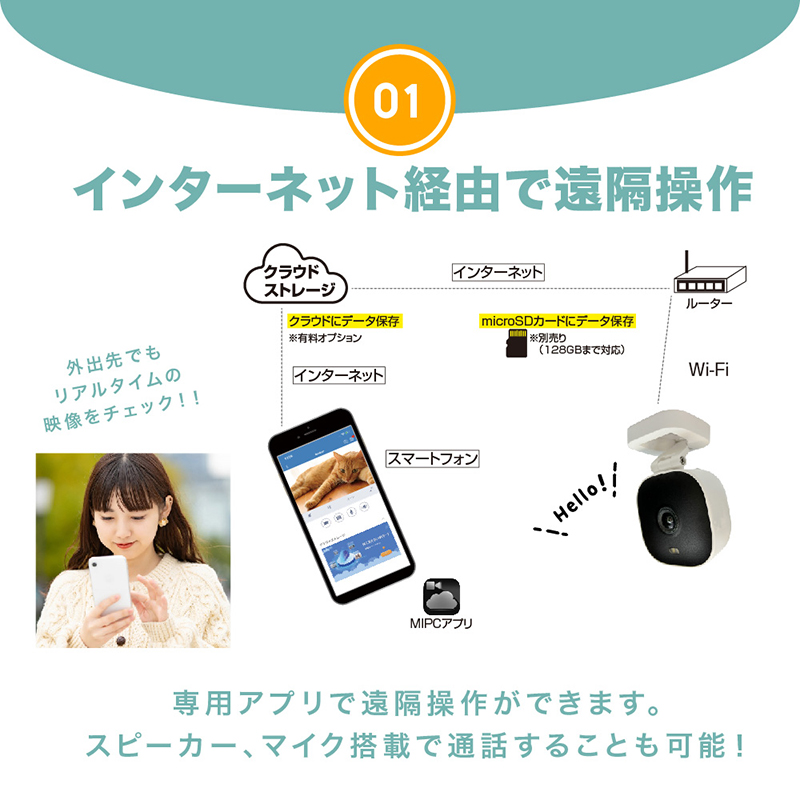 外出先からリアルタイム映像をチェックできる