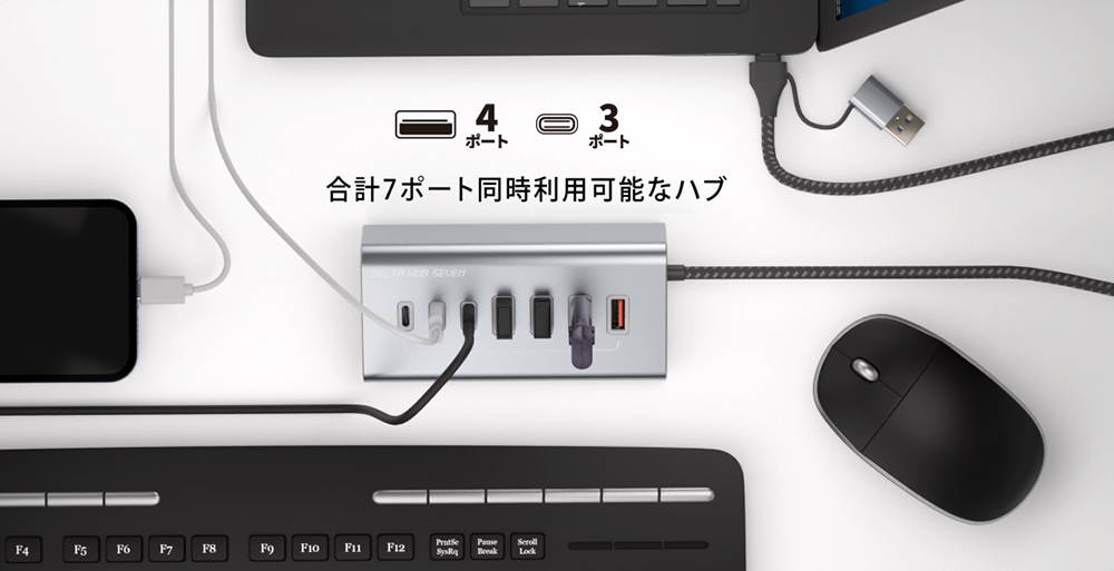 3つのType-Cポートと4つのUSBポートで、7台の機器を同時に接続