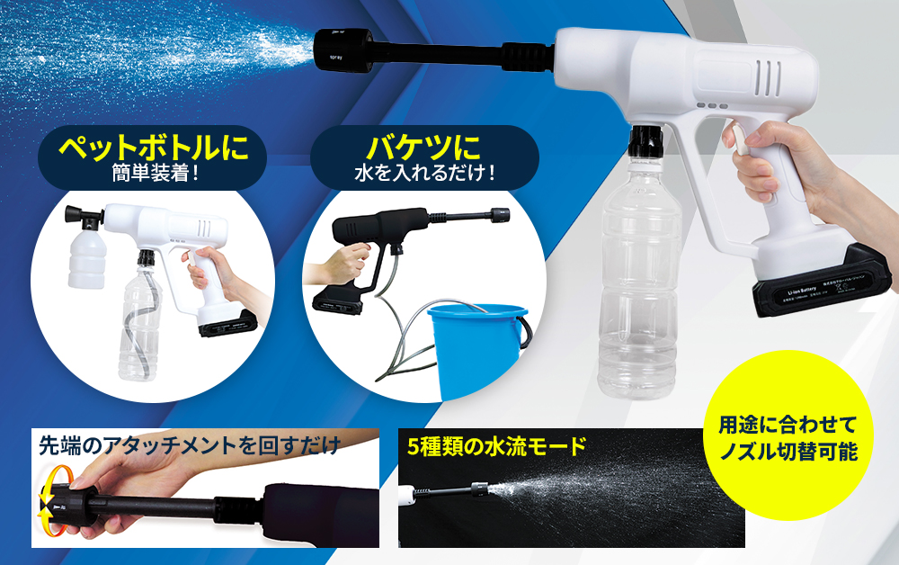 6つの水流で洗車から水やりまで。持ち運べる高圧洗浄機。