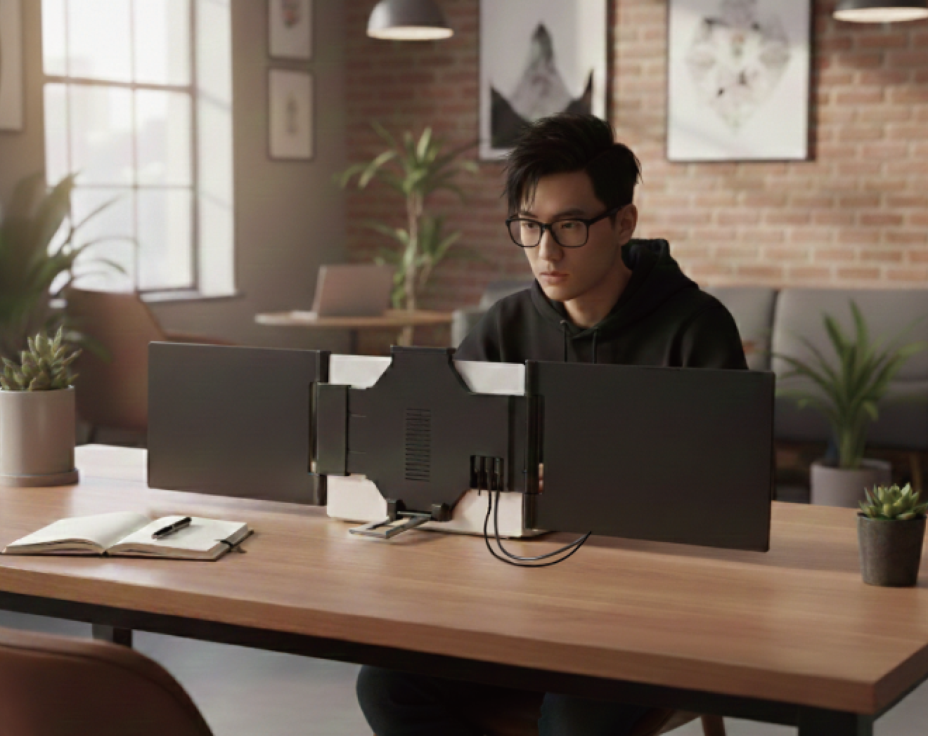 安定性を追求した「背面一体型スタンド」