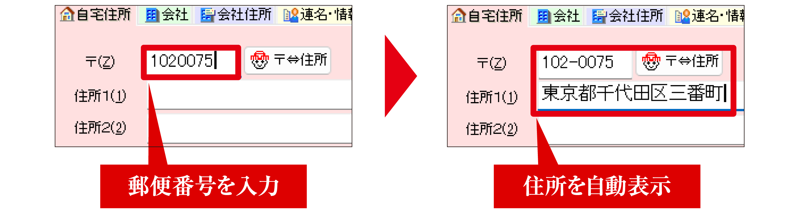 郵便番号を入力するだけで住所を自動表示してくれる機能のイメージ