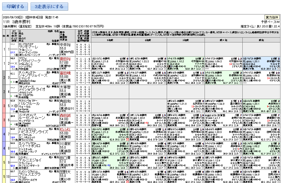 出馬表を印刷する画面のイメージ