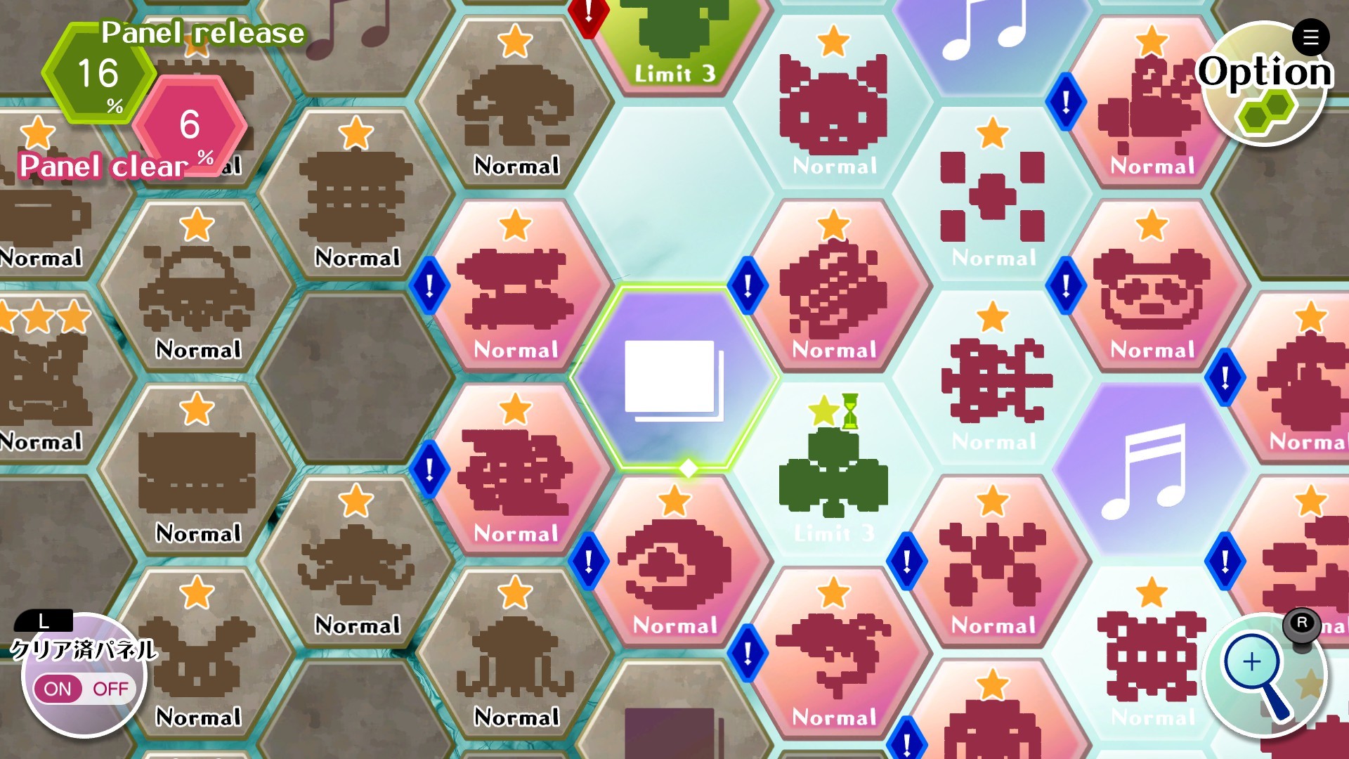6角パネルから、様々な配列や難易度を選んで進めていけます。