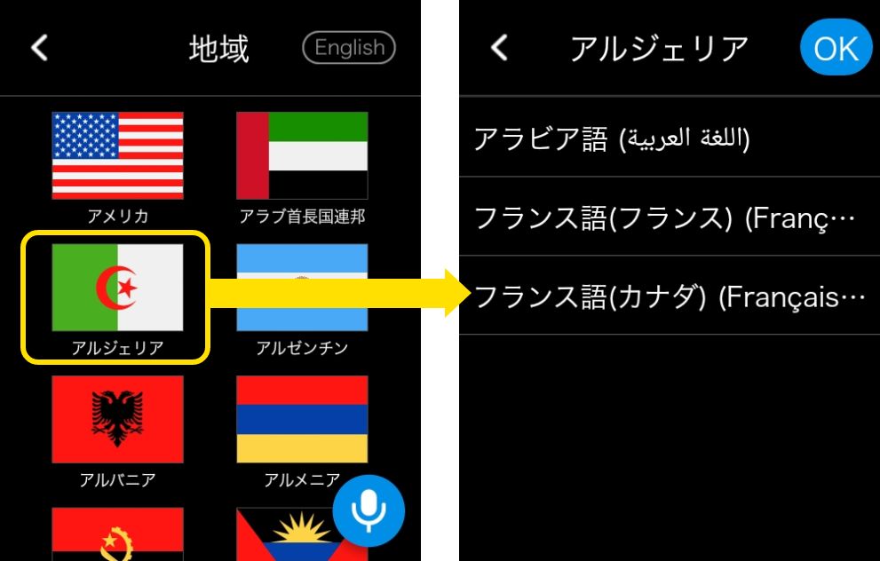 国旗から言語を選択する画面画像