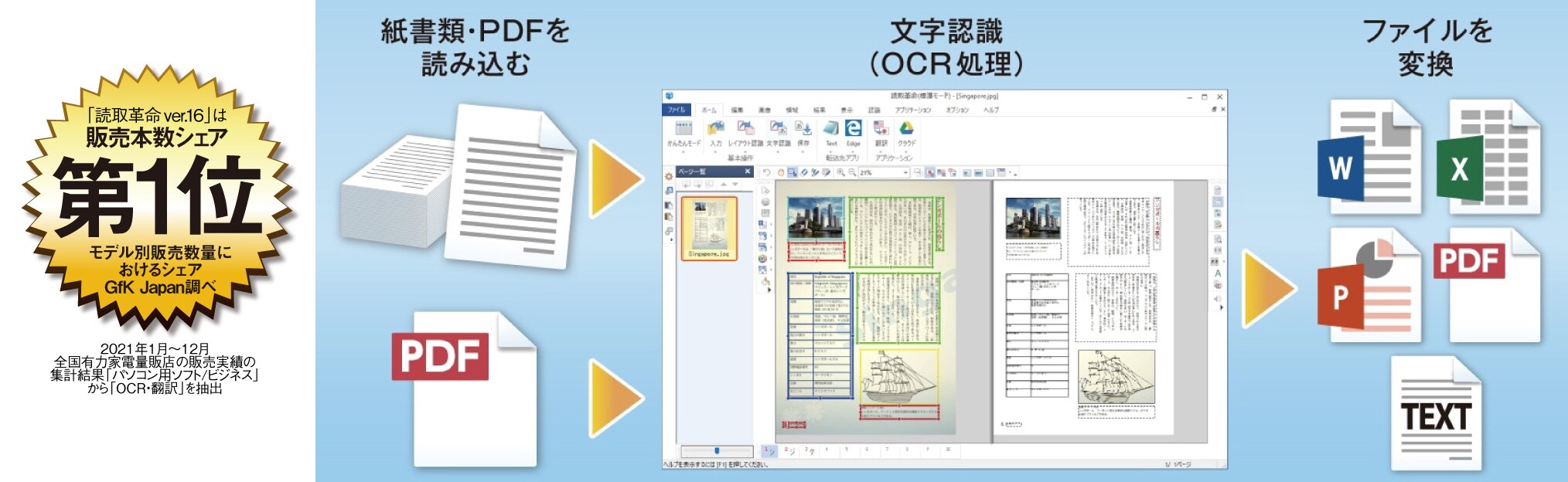 販売本数シェア第1位のロゴと、紙文書を電子データ化するステップ画像