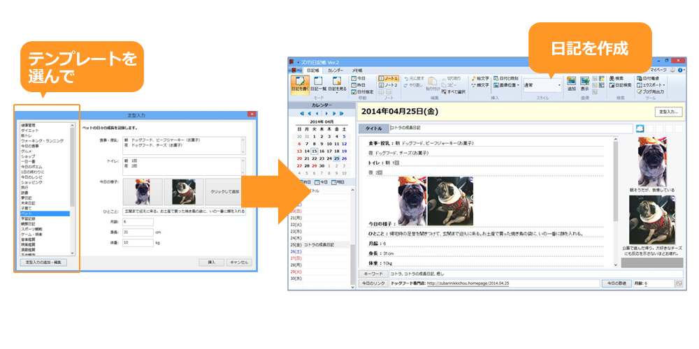ズバリ日記帳 Ver.2:テンプレートを選んで日記を作成