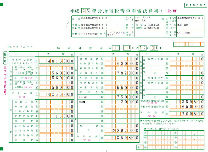 マネーフォワード 確定申告：青色申告決算書